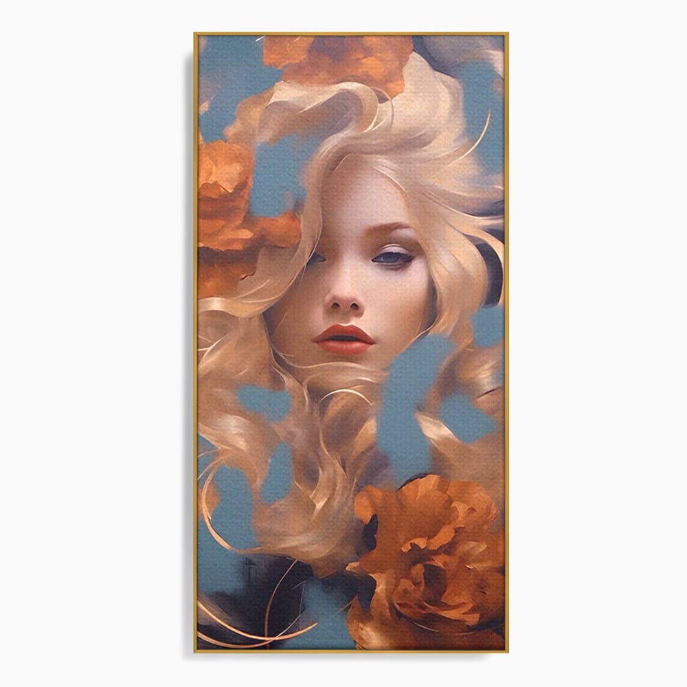 Tablou canvas cu portret de femeie cu flori portocalii, in rama de aluminiu auriu