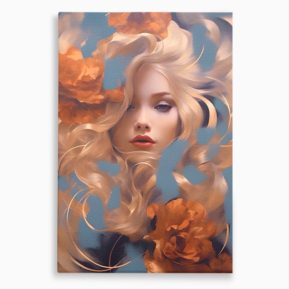 Tablou canvas cu portret de femeie cu flori portocalii, fara rama, pe sasiu de lemn