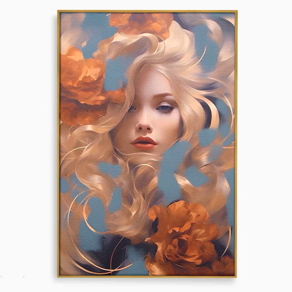 Tablou canvas cu portret de femeie cu flori portocalii, in rama de aluminiu auriu