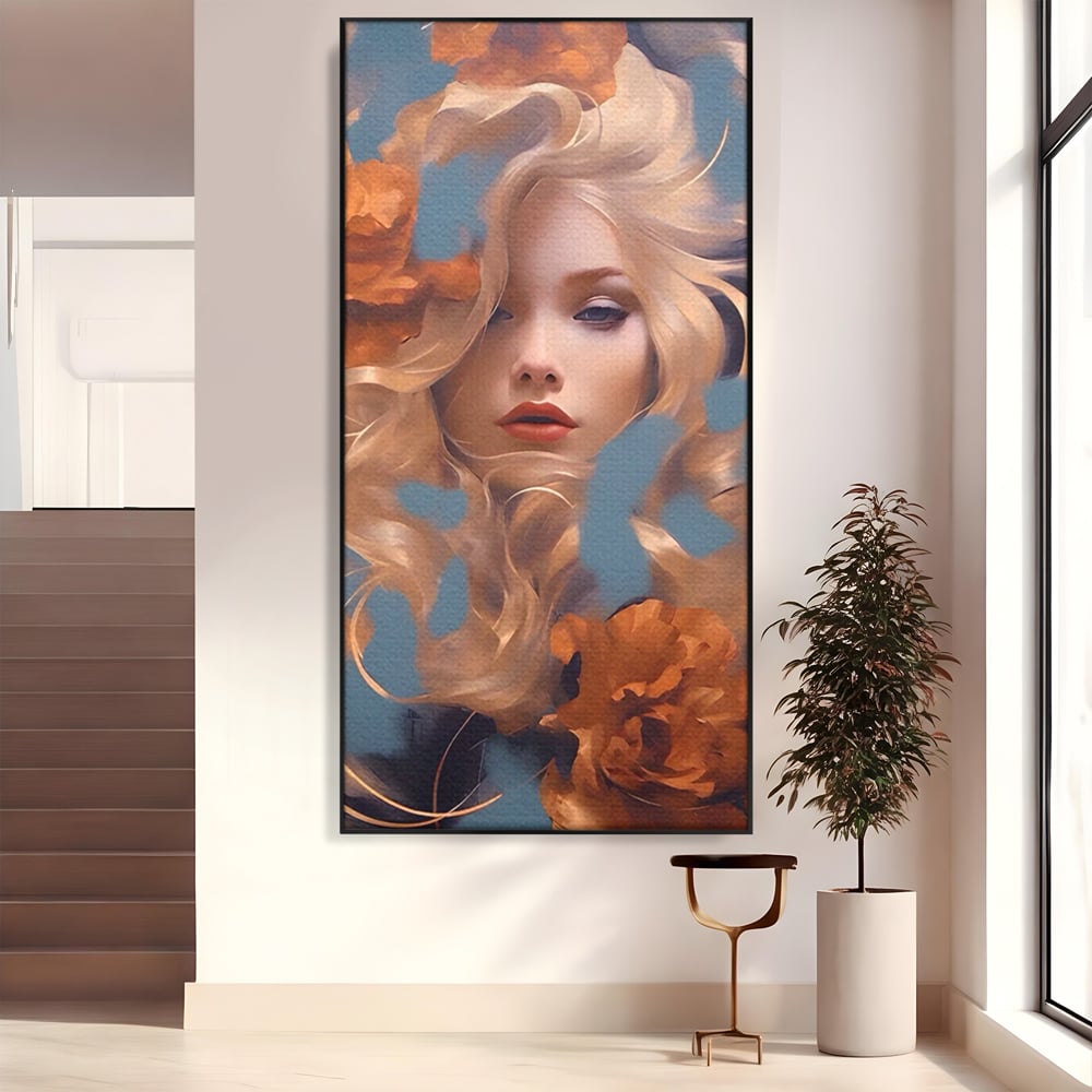 Tablou canvas cu portret de femeie cu flori portocalii, in rama de aluminiu negru