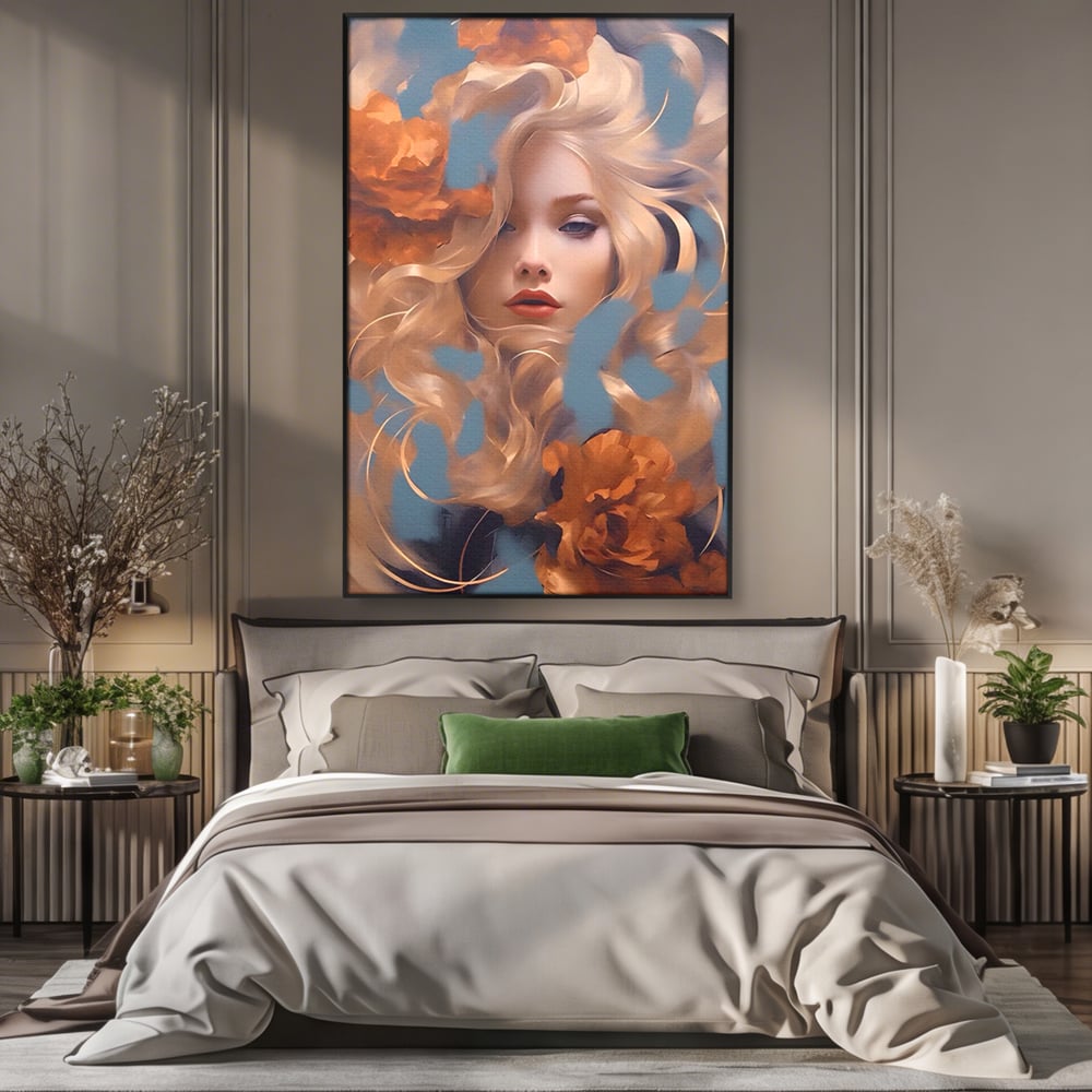 Tablou canvas cu portret de femeie cu flori portocalii, in rama de aluminiu negru, pe perete intr-un dormitor