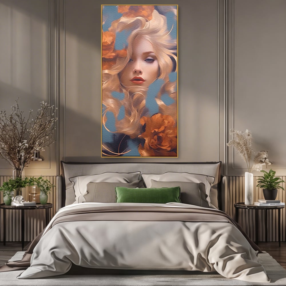 Tablou canvas cu portret de femeie cu flori portocalii, in rama de aluminiu auriu, pe perete intr-un dormitor