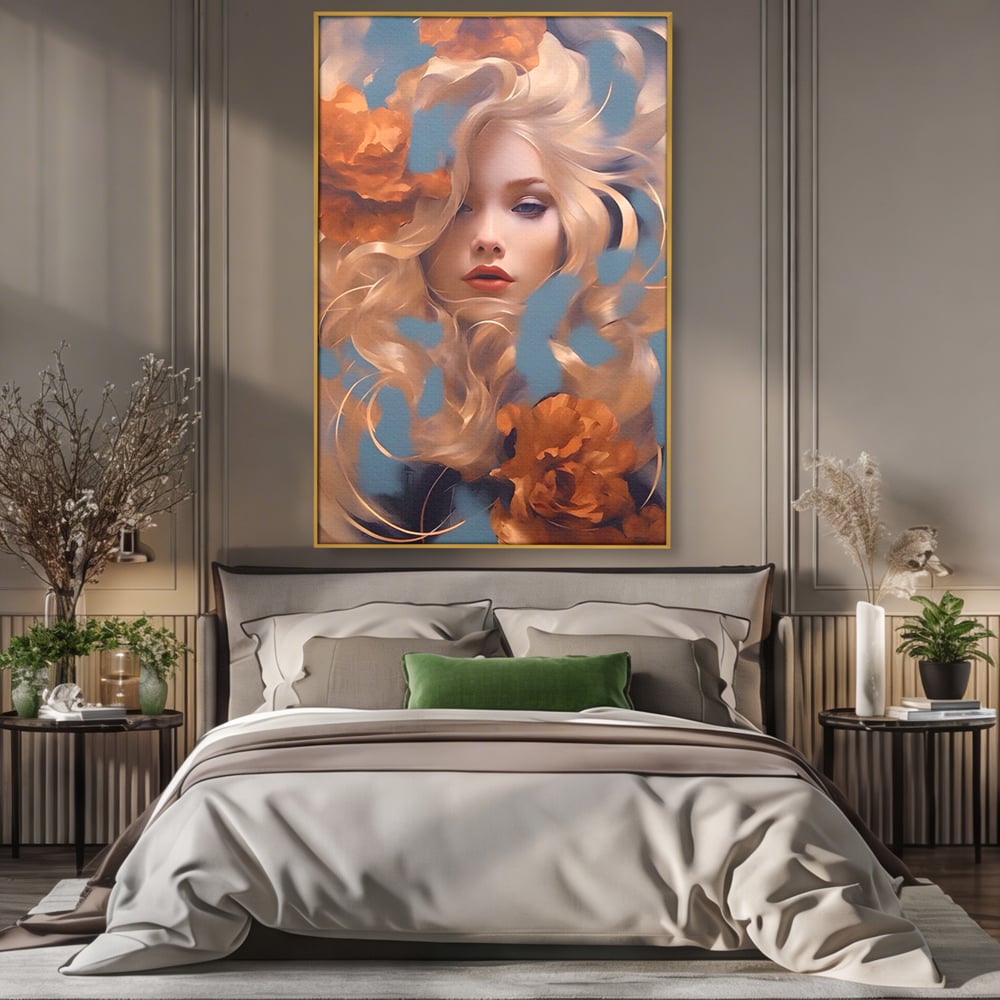 Tablou canvas cu portret de femeie cu flori portocalii, in rama de aluminiu auriu, pe perete intr-un dormitor