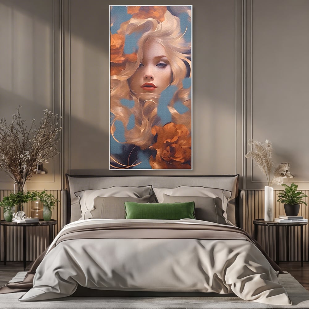 Tablou canvas cu portret de femeie cu flori portocalii, in rama de aluminiu argintiu, pe perete intr-un dormitor