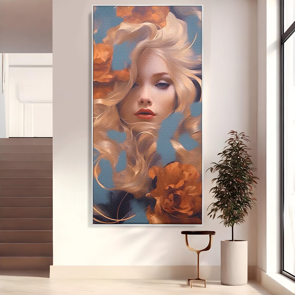 Tablou canvas cu portret de femeie cu flori portocalii, in rama de aluminiu argintiu