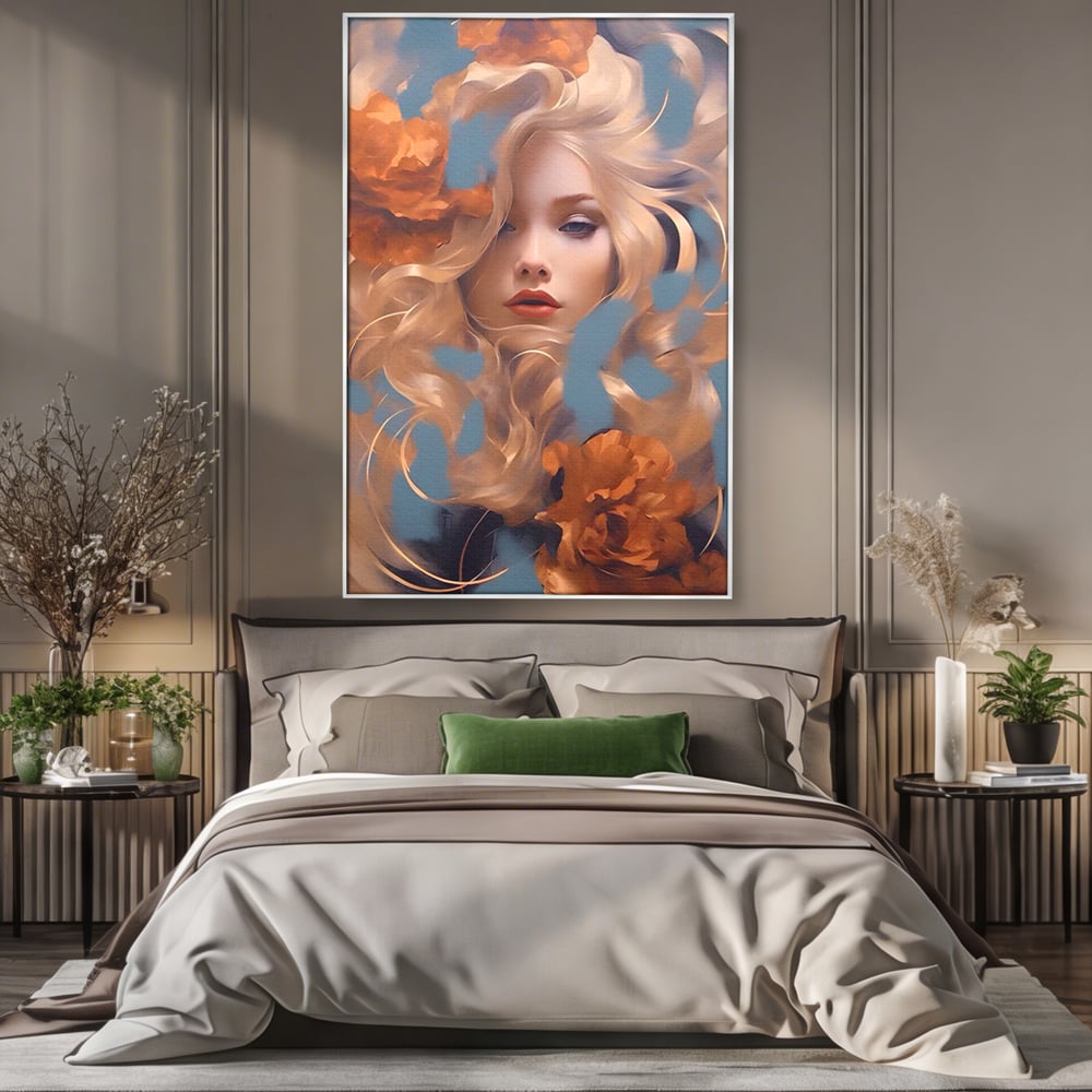 Tablou canvas cu portret de femeie cu flori portocalii, in rama de aluminiu argintiu, pe perete intr-un dormitor