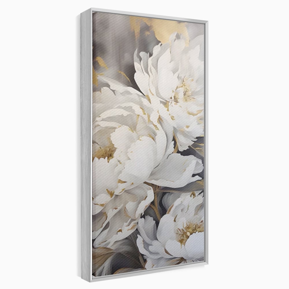 Tablou canvas cu pictura cu bujori albi si accente aurii, in rama de aluminiu argintiu