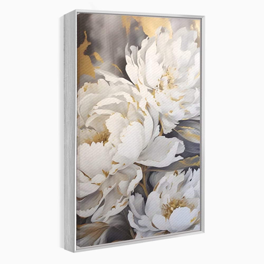 Tablou canvas cu pictura cu bujori albi si accente aurii, in rama de aluminiu argintiu
