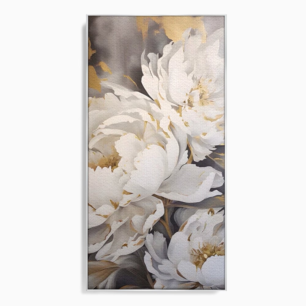 Tablou canvas cu pictura cu bujori albi si accente aurii, in rama de aluminiu argintiu