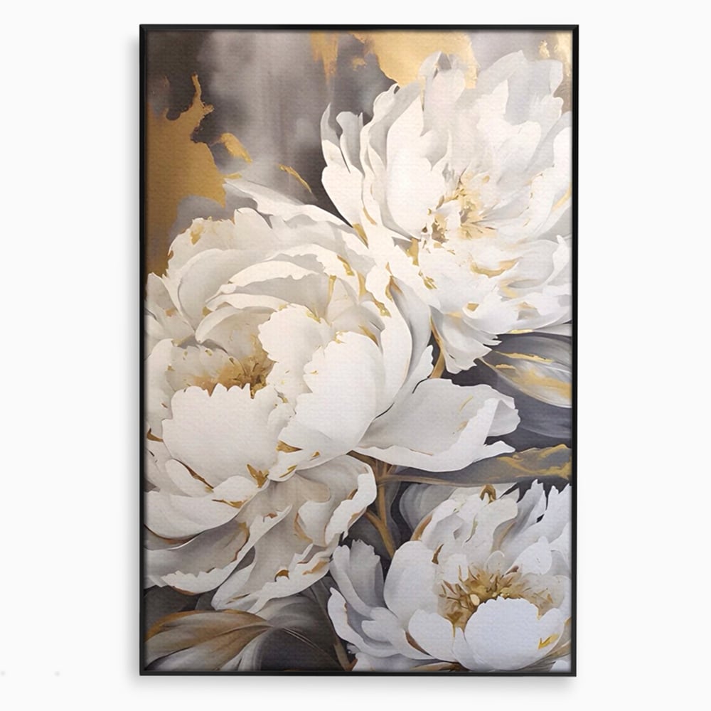 Tablou canvas cu pictura cu bujori albi si accente aurii, in rama de aluminiu negru