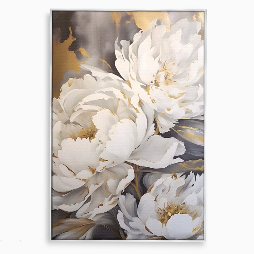 Tablou canvas cu pictura cu bujori albi si accente aurii, in rama de aluminiu argintiu