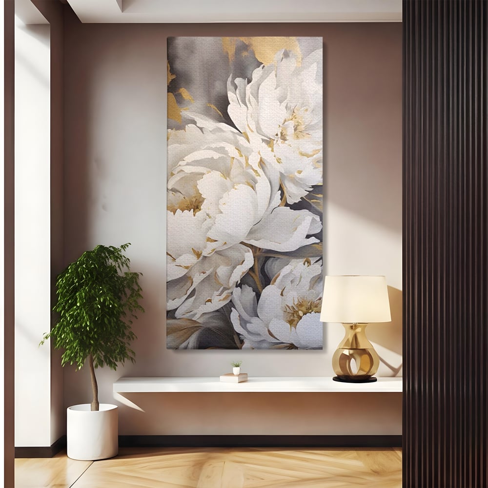 Tablou canvas cu pictura cu bujori albi si accente aurii, fara rama, pe sasiu de lemn