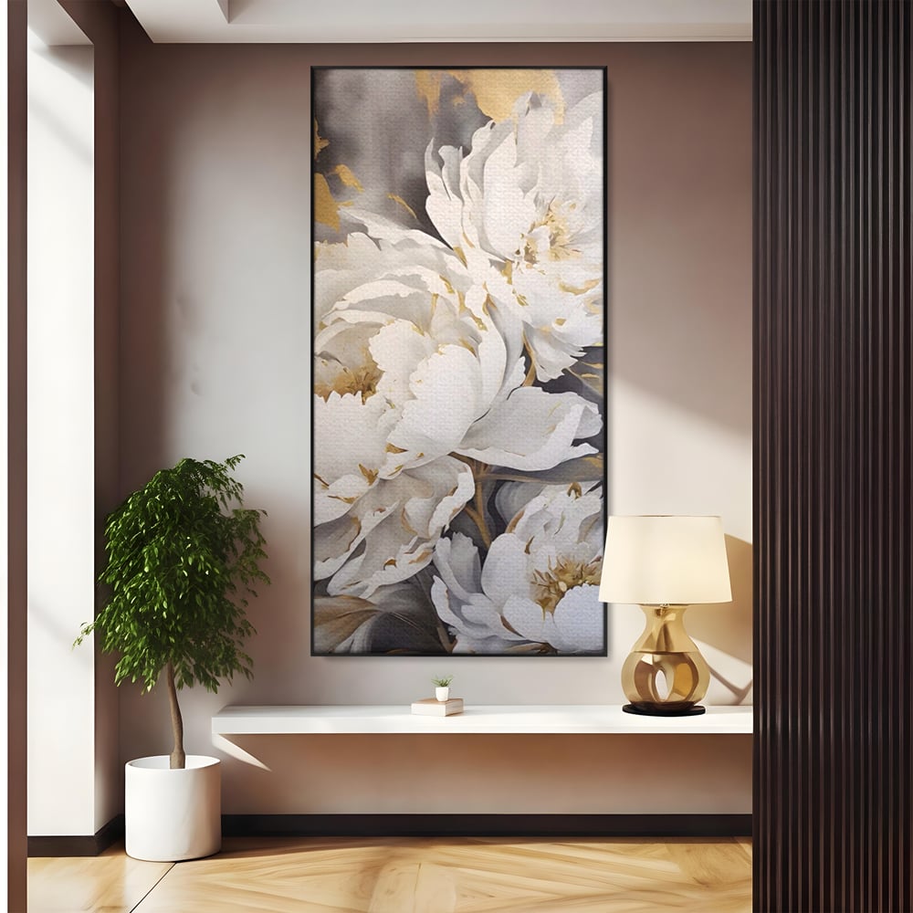 Tablou canvas cu pictura cu bujori albi si accente aurii, in rama de aluminiu negru