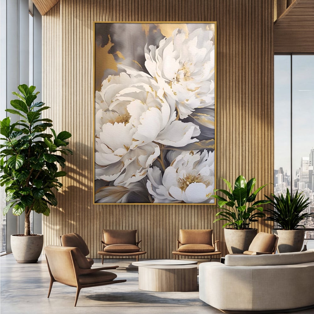 Tablou canvas cu pictura cu bujori albi si accente aurii, in rama de aluminiu auriu, pe perete intr-un birou