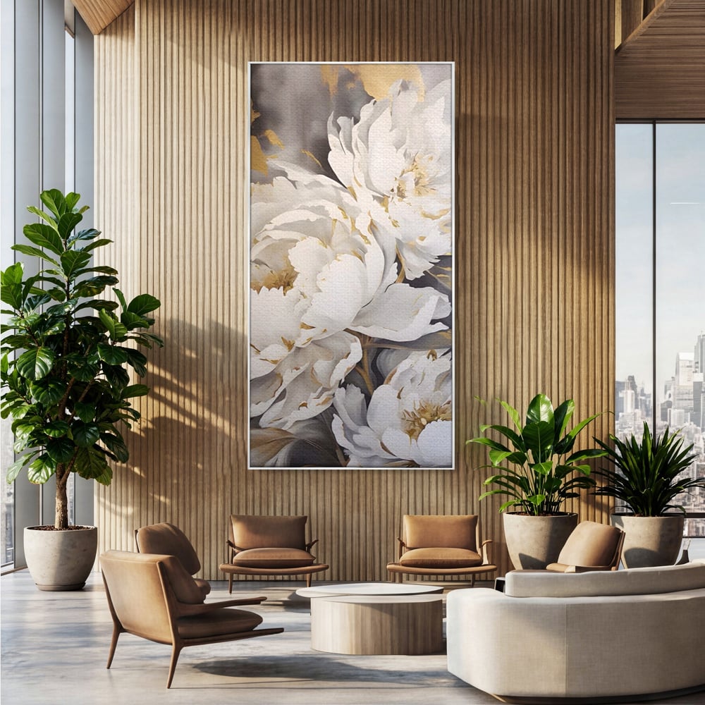 Tablou canvas cu pictura cu bujori albi si accente aurii, in rama de aluminiu argintiu, pe perete intr-un birou
