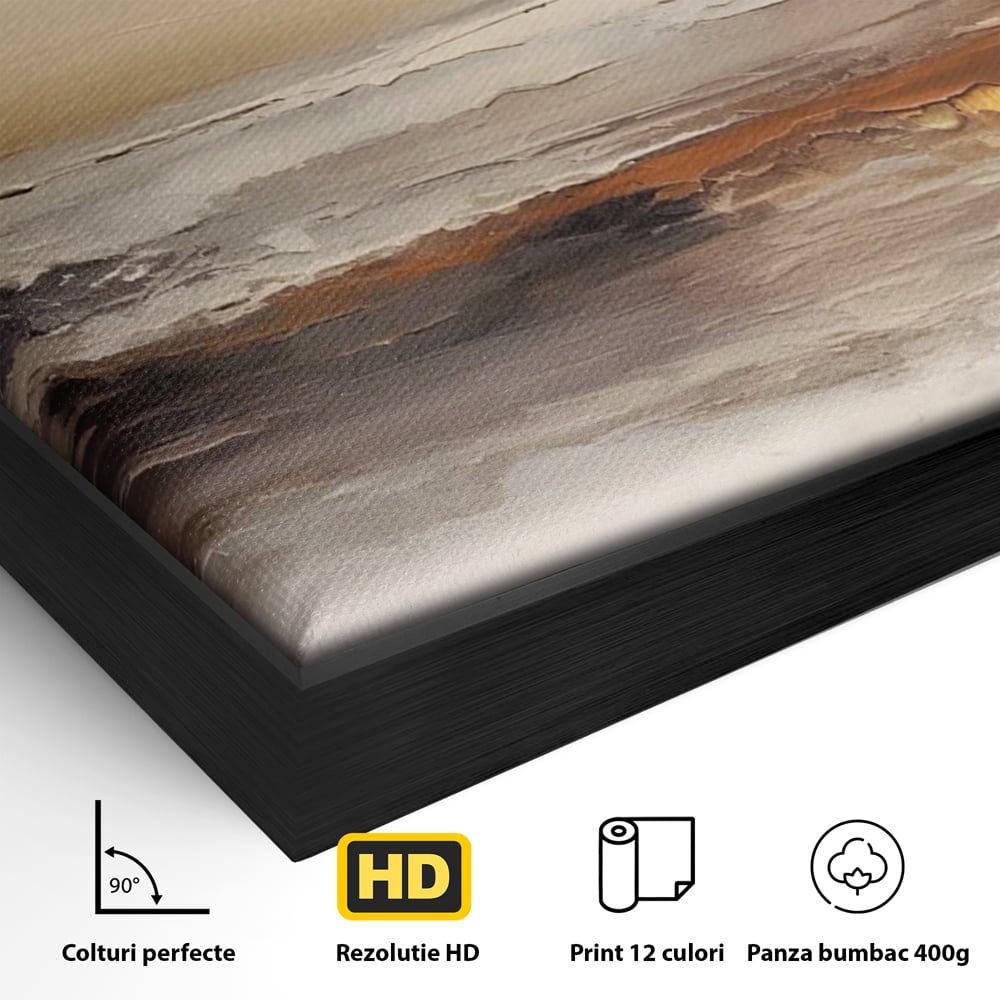 Detaliu al suprafetei: tablou pictura abstracta cu valuri aurii, in rama de aluminiu negru