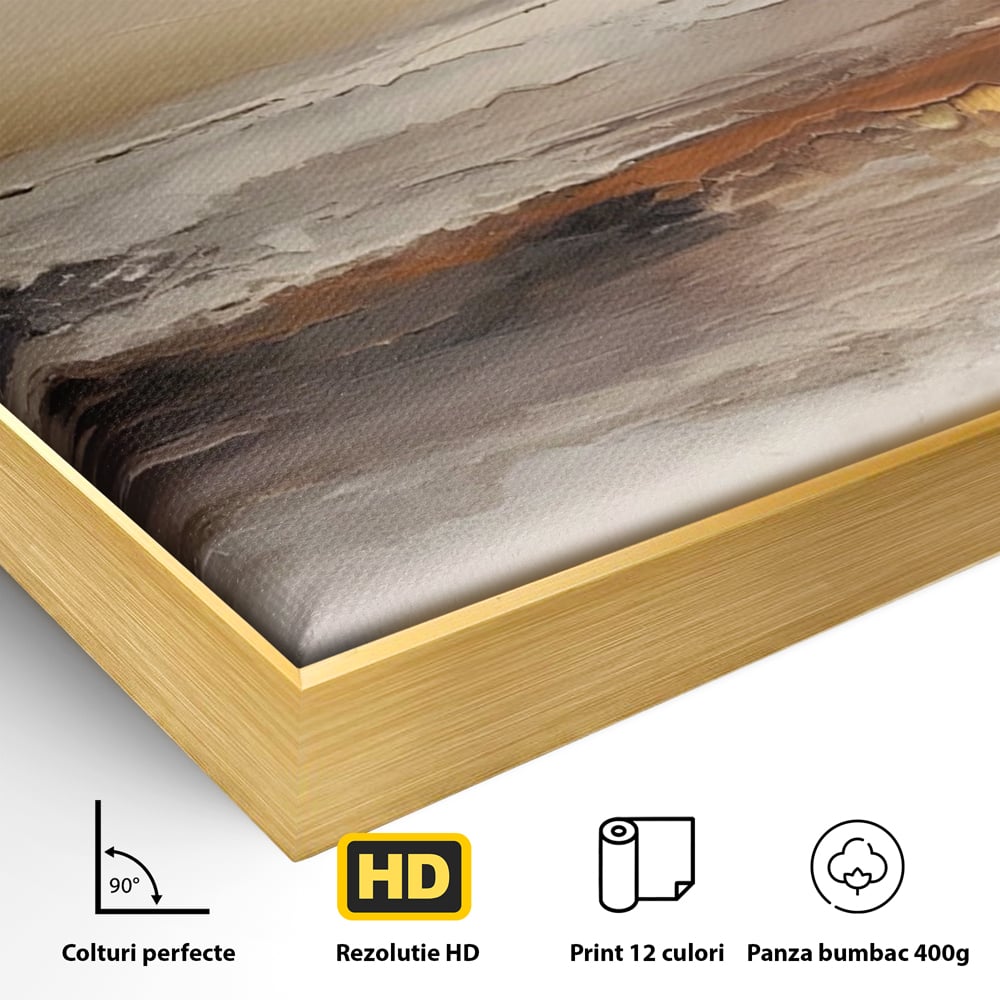 Detaliu al suprafetei: tablou pictura abstracta cu valuri aurii, in rama de aluminiu auriu