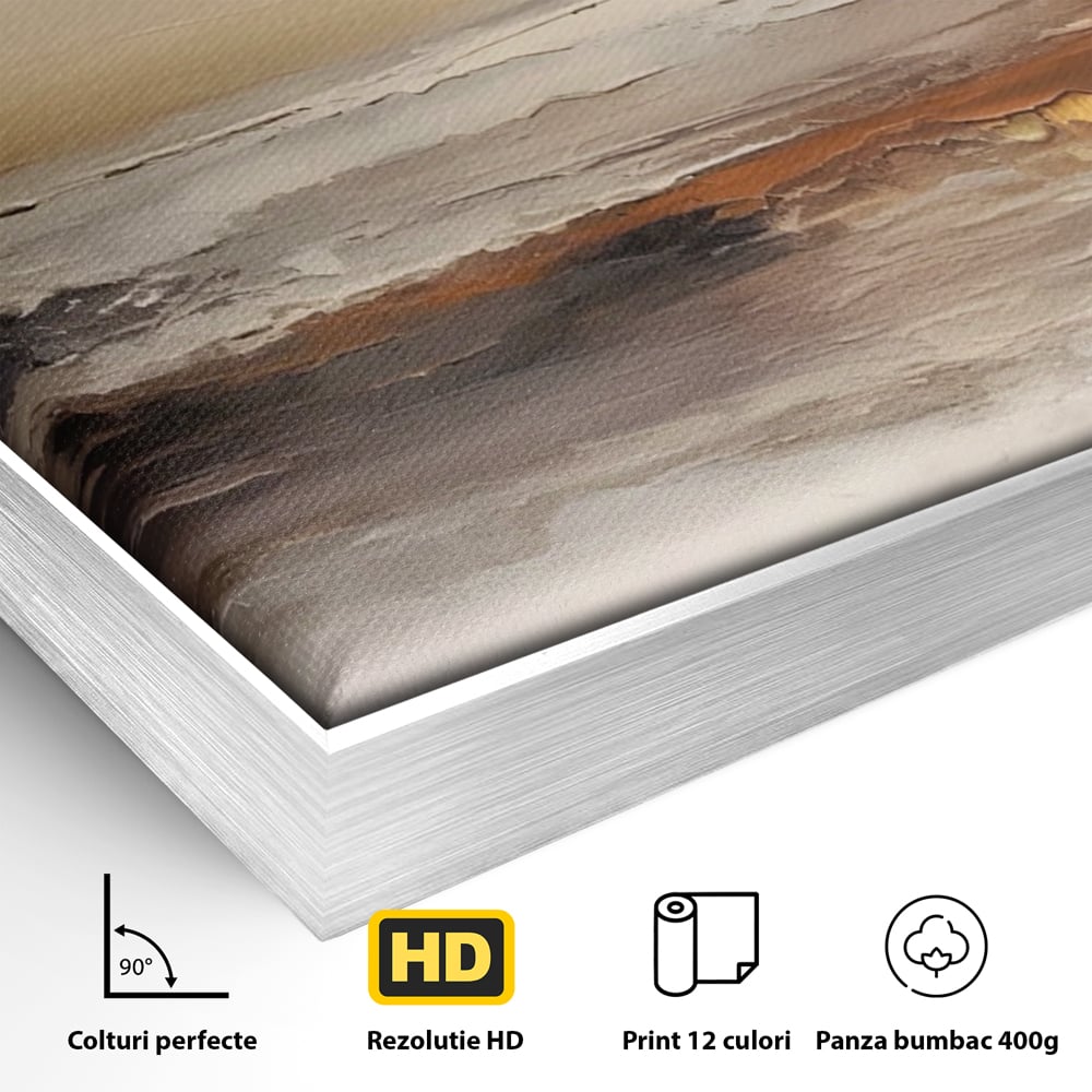 Detaliu al suprafetei: tablou pictura abstracta cu valuri aurii, in rama de aluminiu argintiu