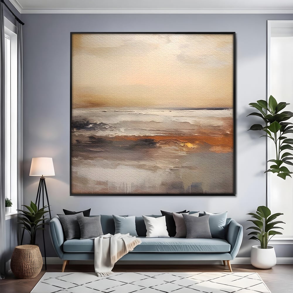 Tablou canvas cu tablou pictura abstracta cu valuri aurii, in rama de aluminiu negru, pe perete intr-un living
