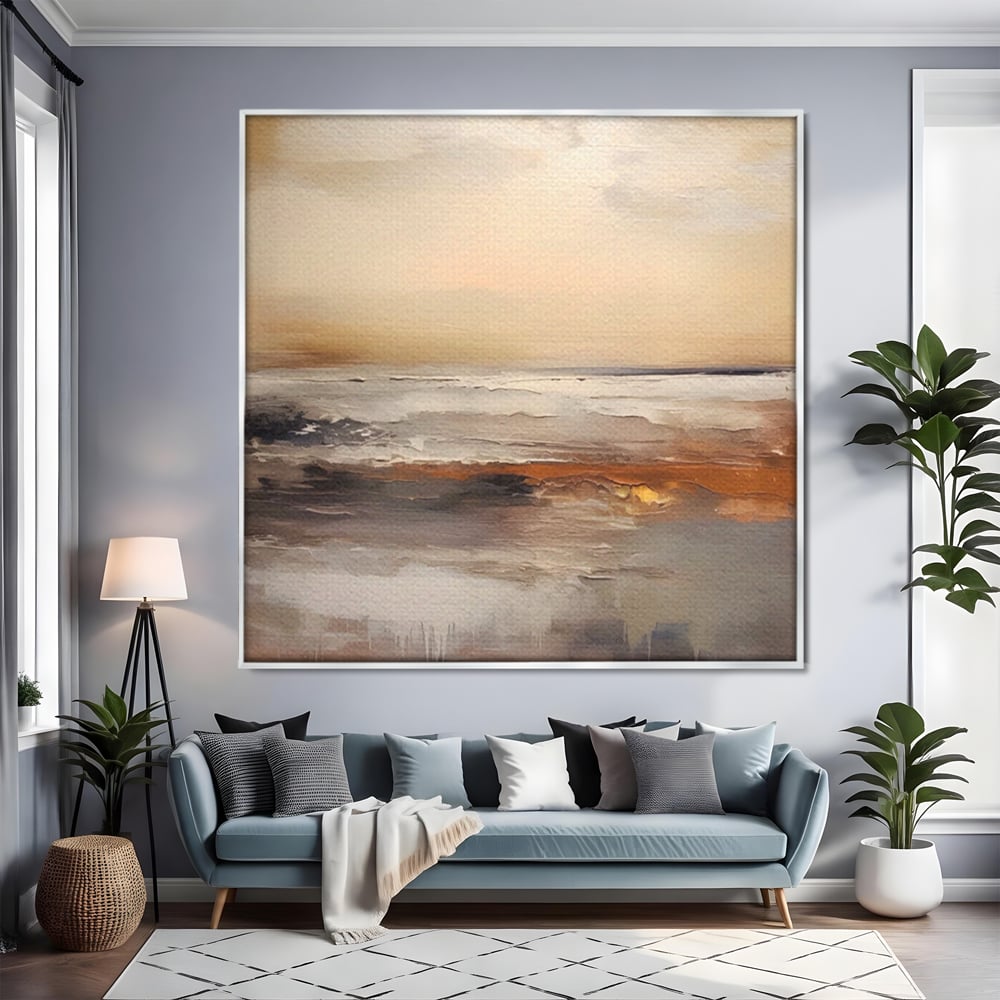 Tablou canvas cu tablou pictura abstracta cu valuri aurii, in rama de aluminiu argintiu, pe perete intr-un living
