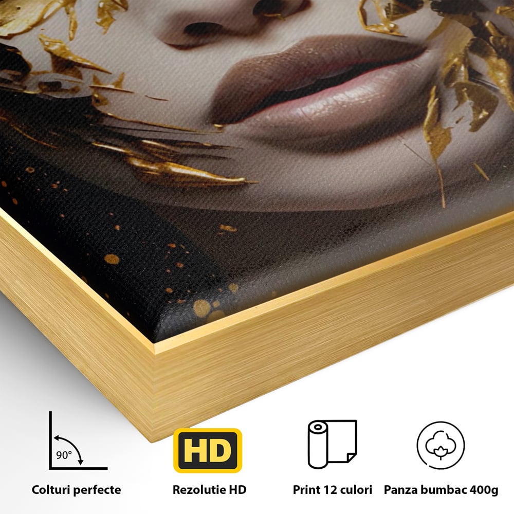 Detaliu al suprafetei: tablou canvas cu portret de femeie si foita de aur, in rama de aluminiu auriu