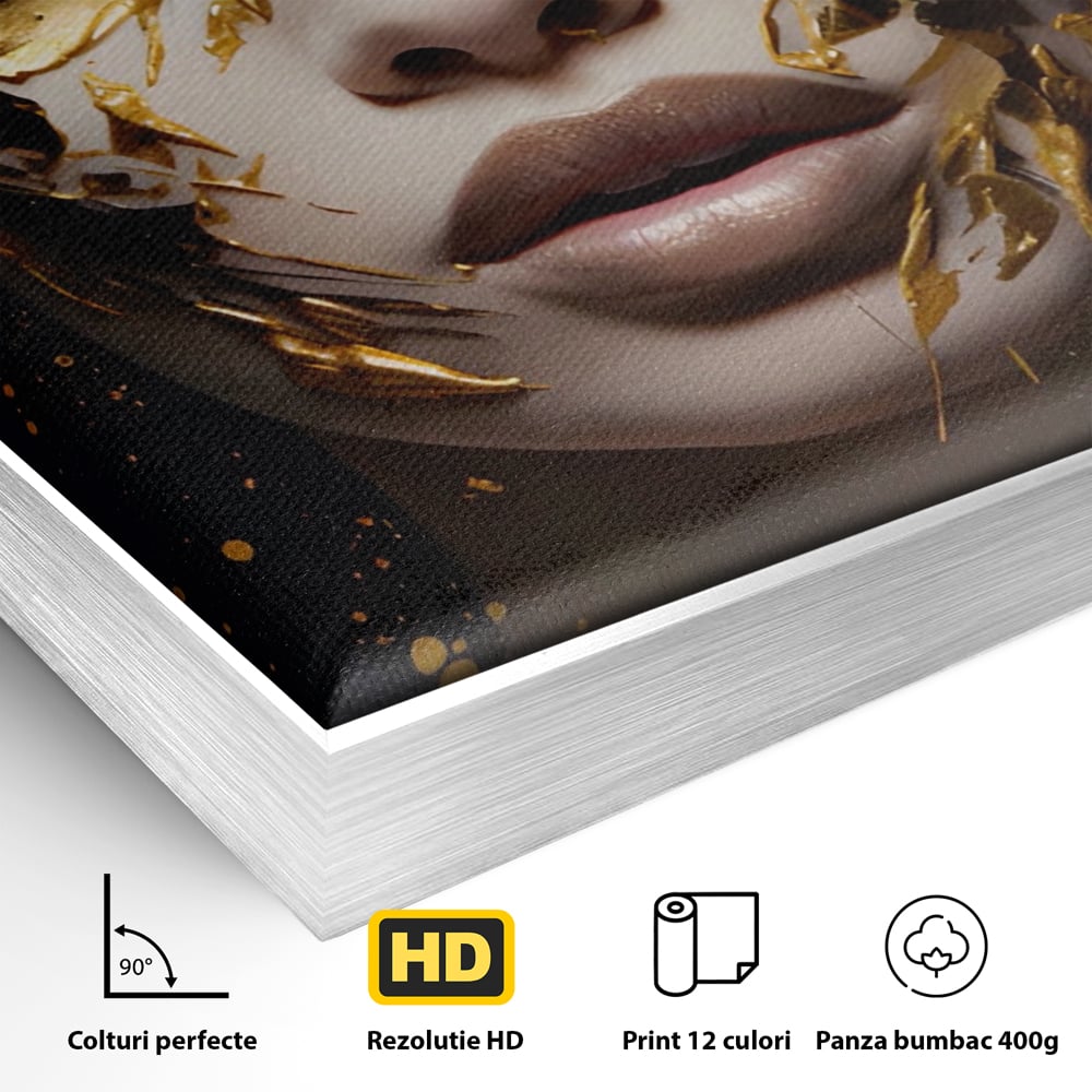 Detaliu al suprafetei: tablou canvas cu portret de femeie si foita de aur, in rama de aluminiu argintiu