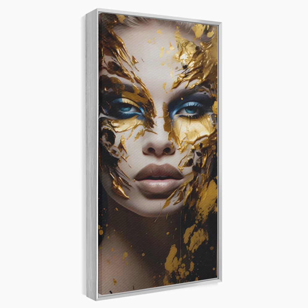 Tablou canvas cu tablou canvas cu portret de femeie si foita de aur, in rama de aluminiu argintiu
