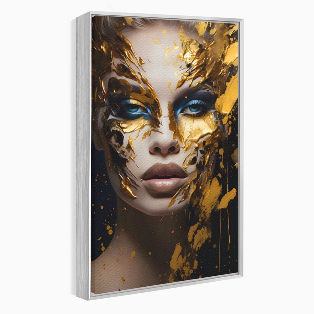 Tablou canvas cu tablou canvas cu portret de femeie si foita de aur, in rama de aluminiu argintiu