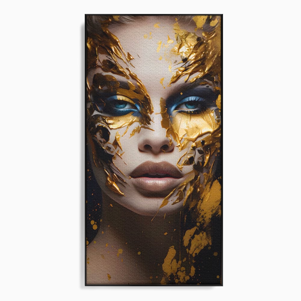 Tablou canvas cu tablou canvas cu portret de femeie si foita de aur, in rama de aluminiu negru