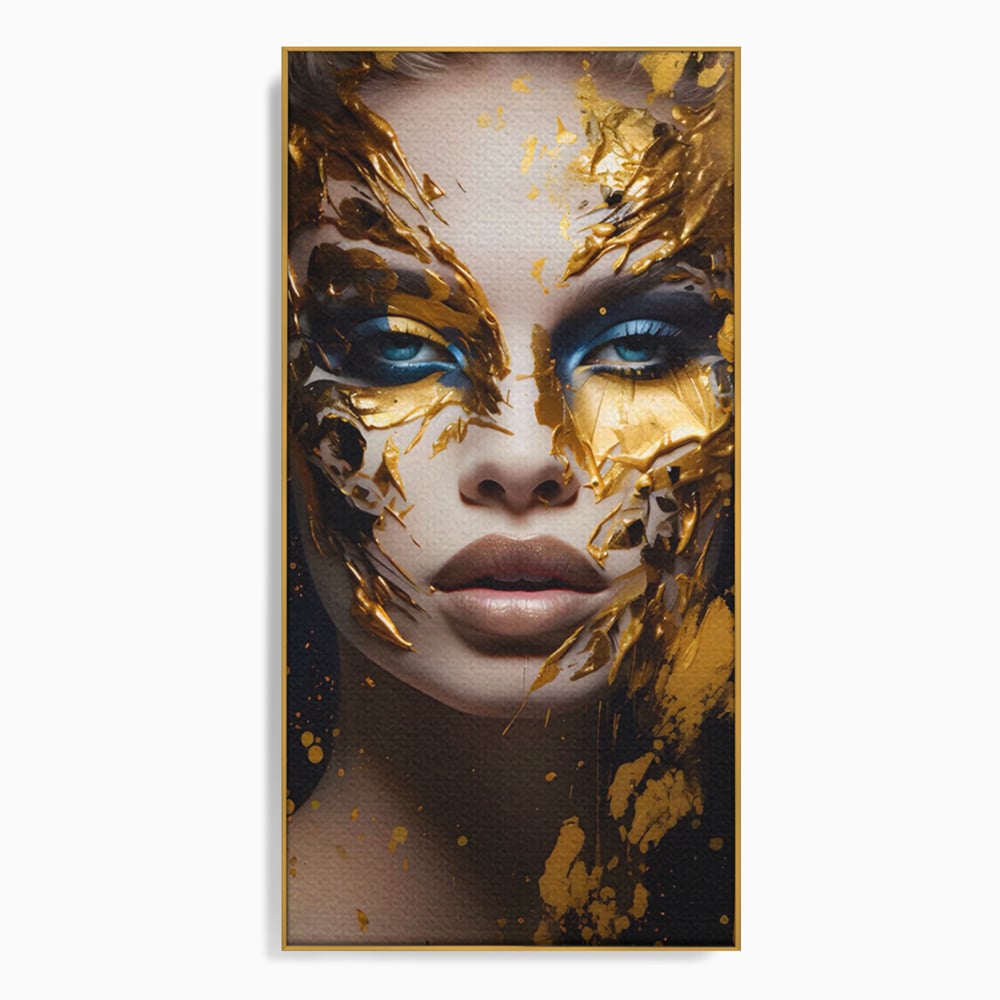 Tablou canvas cu tablou canvas cu portret de femeie si foita de aur, in rama de aluminiu auriu