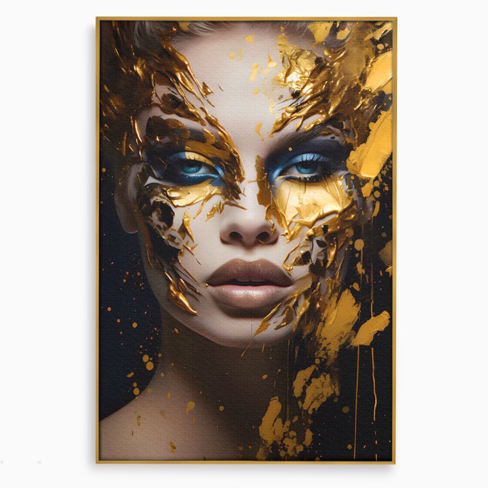 Tablou canvas cu tablou canvas cu portret de femeie si foita de aur, in rama de aluminiu auriu
