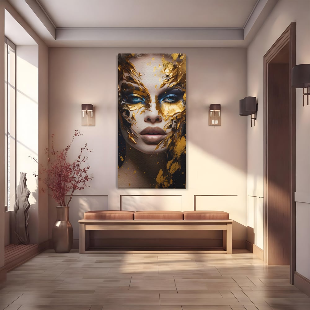 Tablou canvas cu tablou canvas cu portret de femeie si foita de aur, fara rama, pe sasiu de lemn
