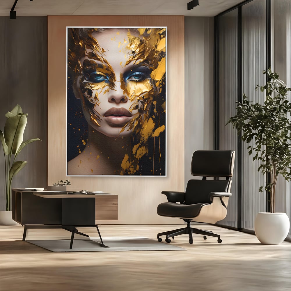 Tablou canvas cu tablou canvas cu portret de femeie si foita de aur, in rama de aluminiu argintiu, pe perete intr-un birou