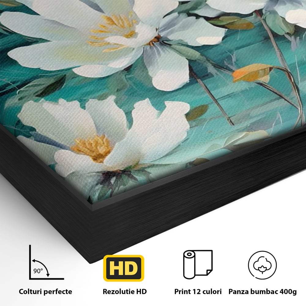 Detaliu al suprafetei: tablou canvas cu flori albe pictate, in rama de aluminiu negru