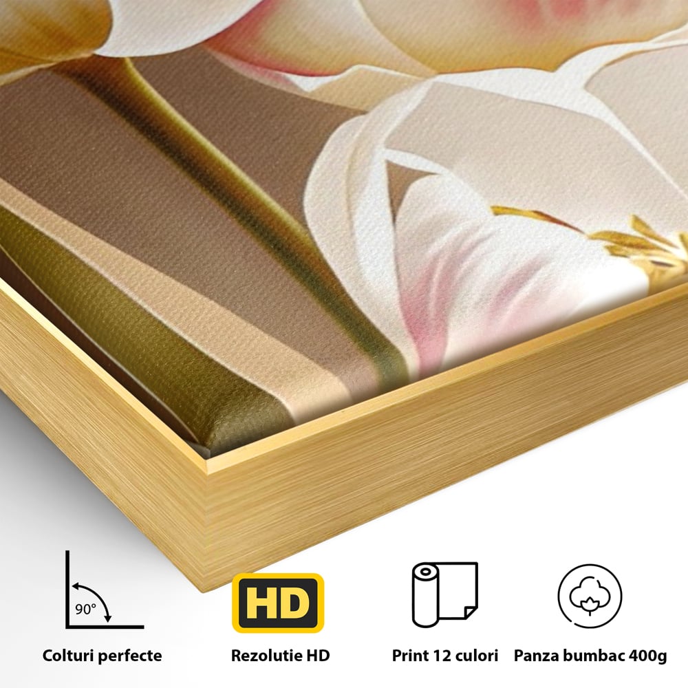 Detaliu al suprafetei: tablou canvas cu trei lalele, in rama de aluminiu auriu
