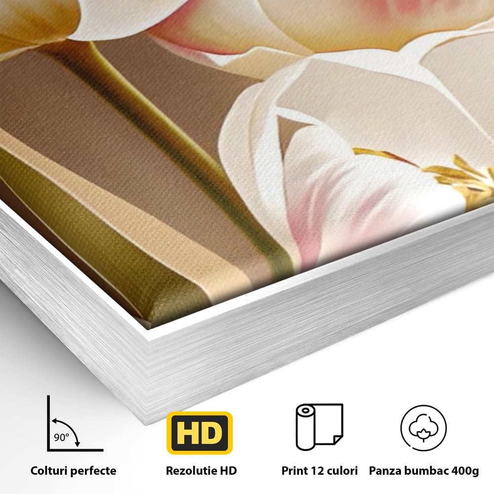 Detaliu al suprafetei: tablou canvas cu trei lalele, in rama de aluminiu argintiu