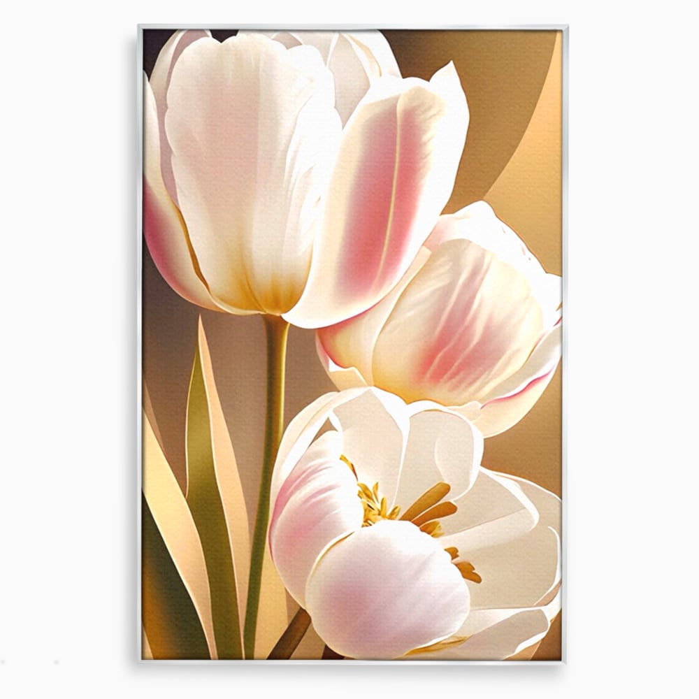 Tablou canvas cu tablou canvas cu trei lalele, in rama de aluminiu argintiu