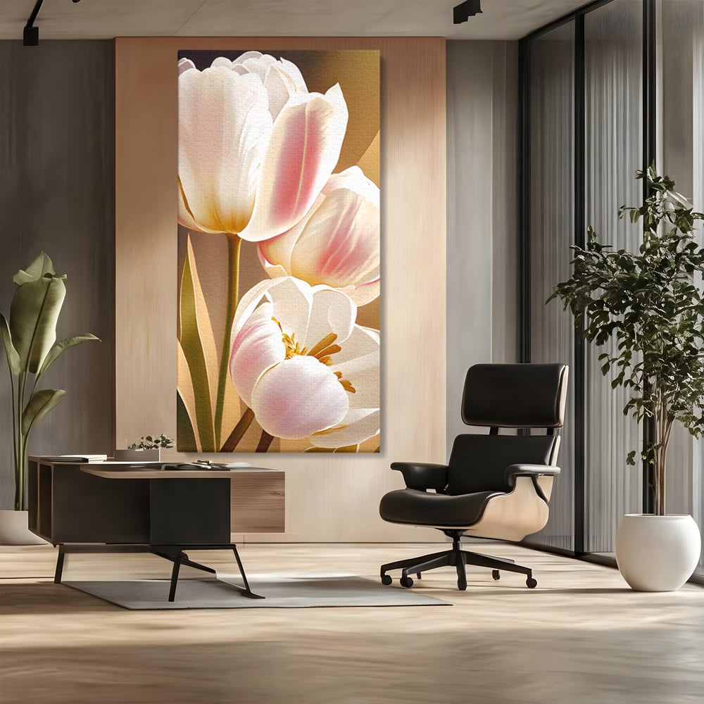 Tablou canvas cu tablou canvas cu trei lalele, fara rama, pe sasiu de lemn, pe perete intr-un birou