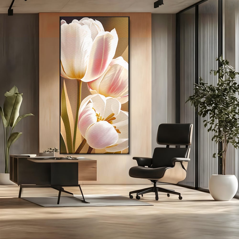 Tablou canvas cu tablou canvas cu trei lalele, in rama de aluminiu negru, pe perete intr-un birou