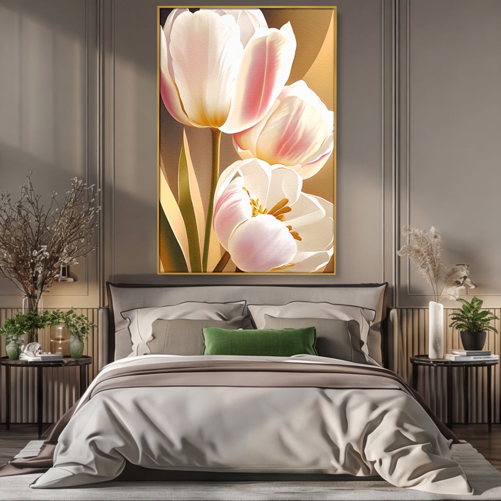 Tablou canvas cu tablou canvas cu trei lalele, in rama de aluminiu auriu, pe perete intr-un dormitor