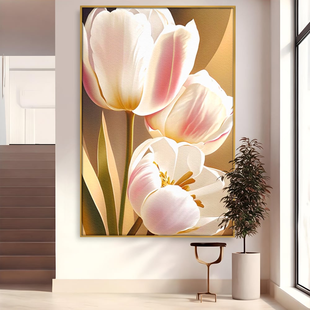 Tablou canvas cu tablou canvas cu trei lalele, in rama de aluminiu auriu