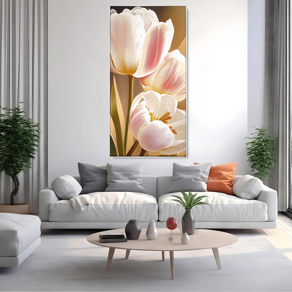 Tablou canvas cu tablou canvas cu trei lalele, in rama de aluminiu argintiu, pe perete intr-un living