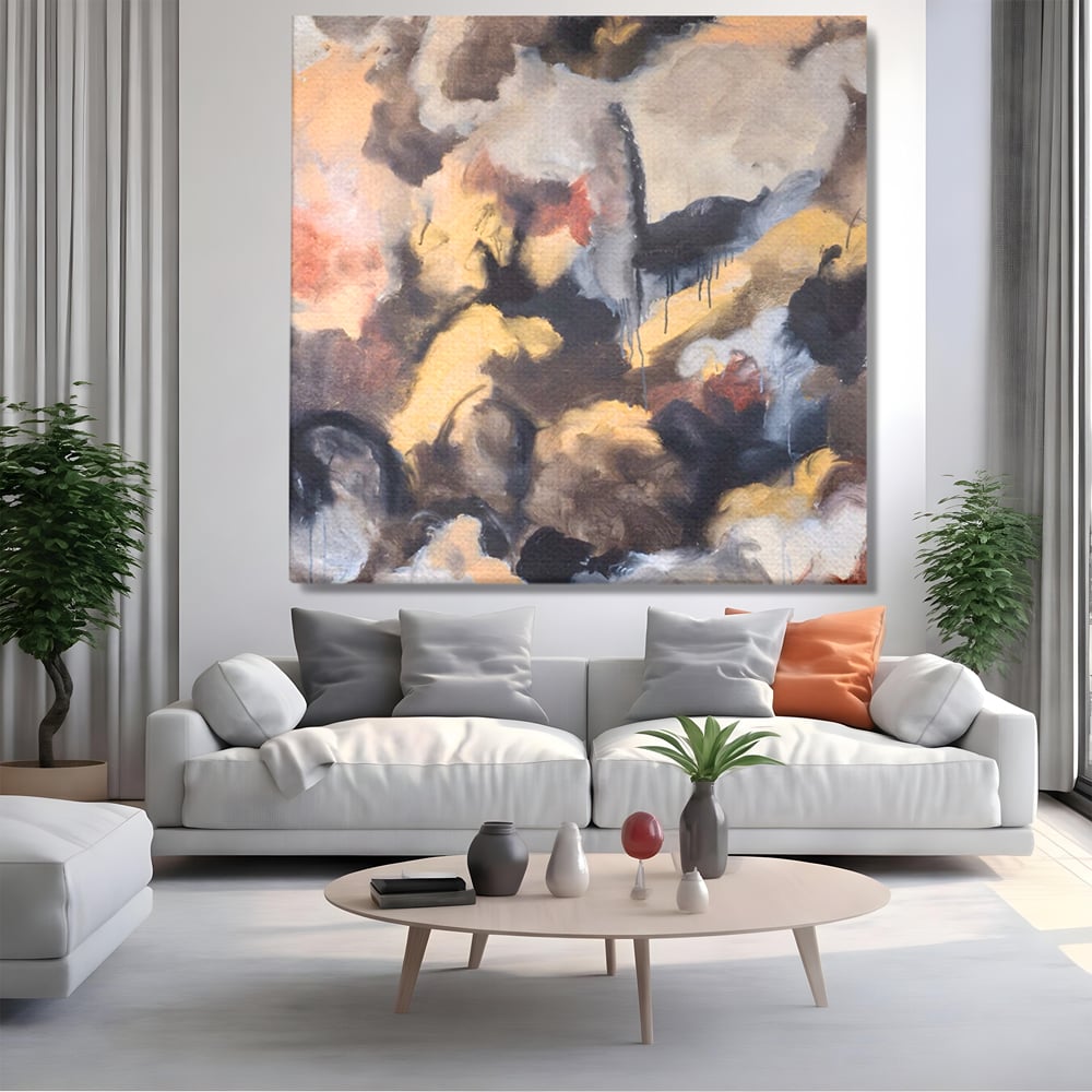 Tablou canvas cu pictura abstracta cu pete de culoare, fara rama, pe sasiu de lemn, pe perete intr-un living