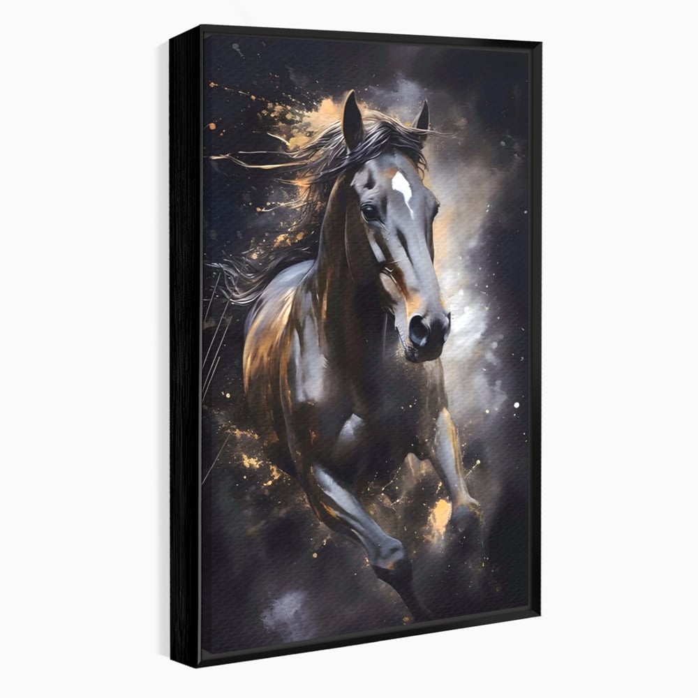 Tablou canvas cu tablou canvas cu un cal negru in alergare, in rama de aluminiu negru