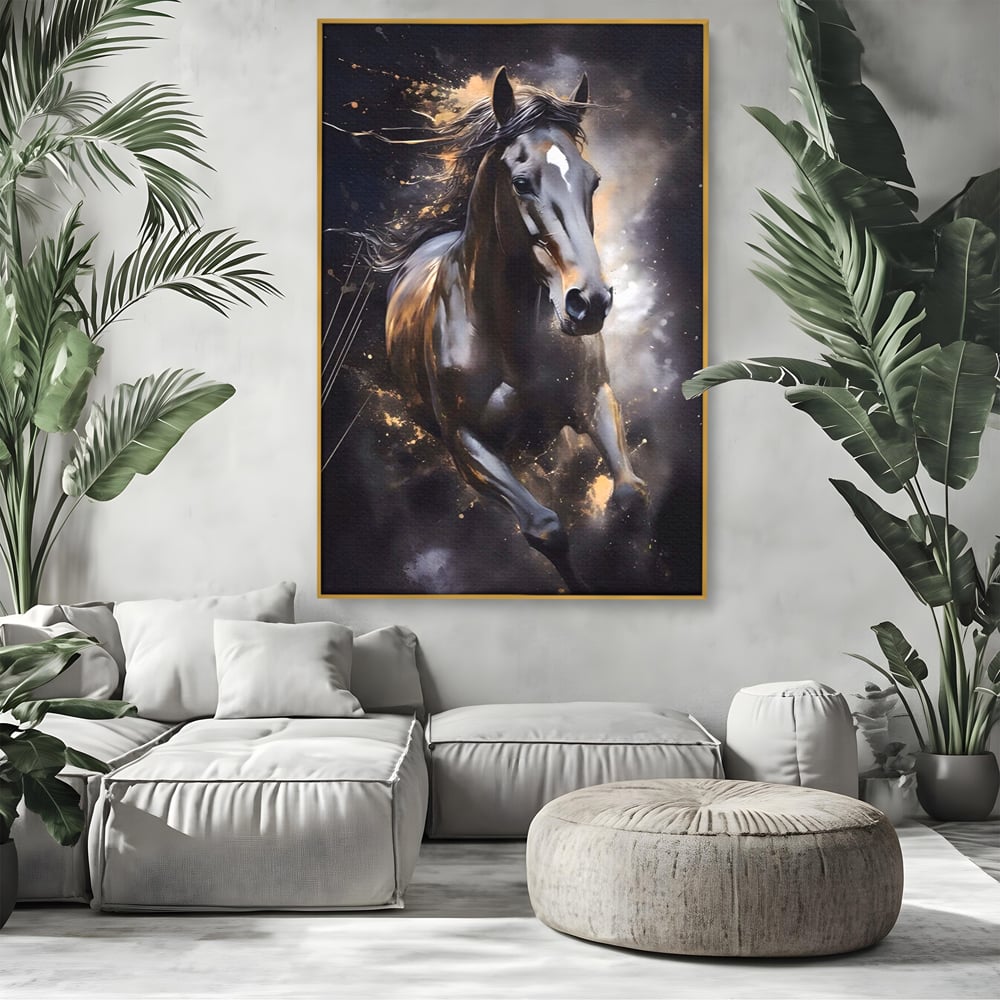 Tablou canvas cu tablou canvas cu un cal negru in alergare, in rama de aluminiu auriu, pe perete intr-un living