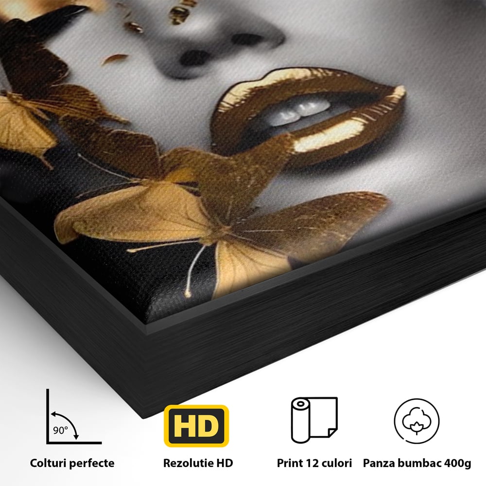 Detaliu al suprafetei: tablou canvas cu portret de femeie si fluturi aurii, in rama de aluminiu negru