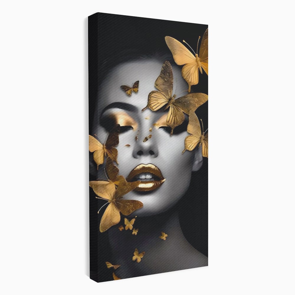 Tablou canvas cu tablou canvas cu portret de femeie si fluturi aurii, fara rama, pe sasiu de lemn