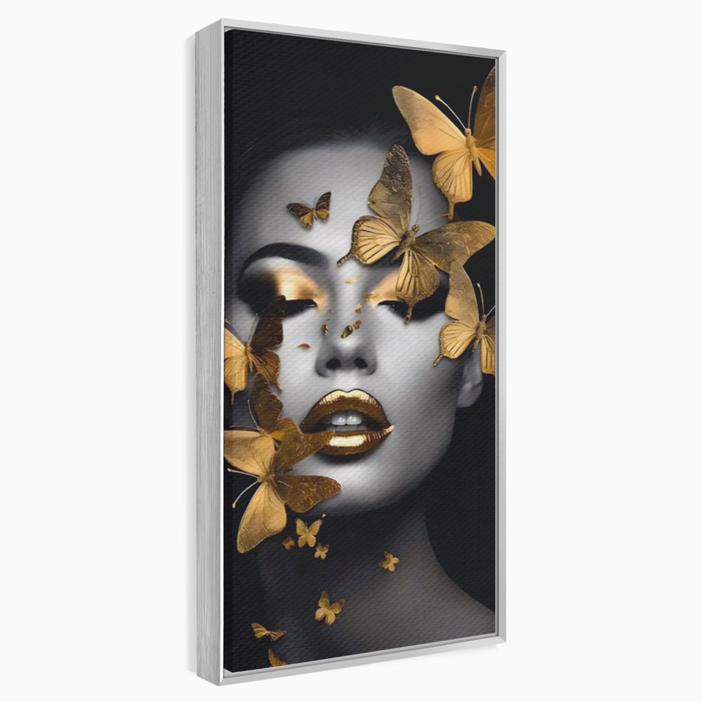 Tablou canvas cu tablou canvas cu portret de femeie si fluturi aurii, in rama de aluminiu argintiu