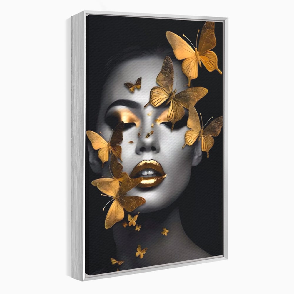 Tablou canvas cu tablou canvas cu portret de femeie si fluturi aurii, in rama de aluminiu argintiu