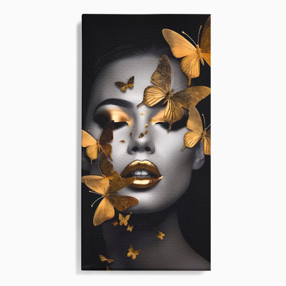 Tablou canvas cu tablou canvas cu portret de femeie si fluturi aurii, fara rama, pe sasiu de lemn